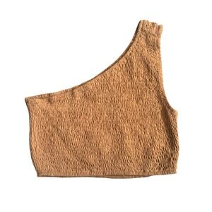 Aakaa Rust Brown One Shoulder Smocked Crop Top Linen Blend EPA60675H Small